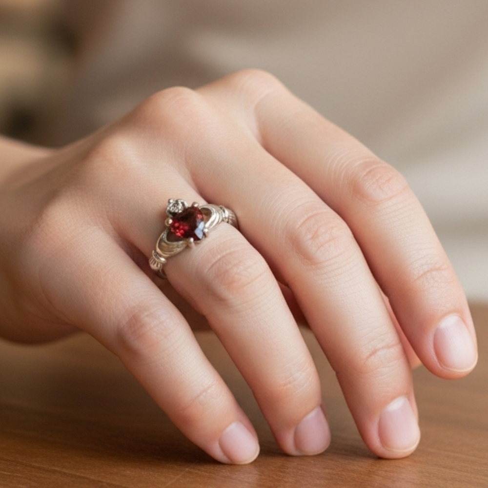 🔥Vintage Sterling Silver Garnet Cubic Zirconia Claddagh Ring!